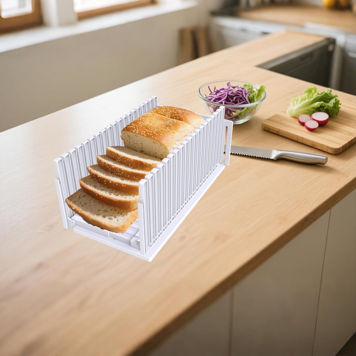 Bread Slicer for Homemade Breads , Adjustable Thickness Slicing Guide , Foldable Portable Bread Cutter Suitability for Homemade Breads, Bagel ,Cakes - Kitchen Gadget, Baking Tool ,Gifts for Mom Dad