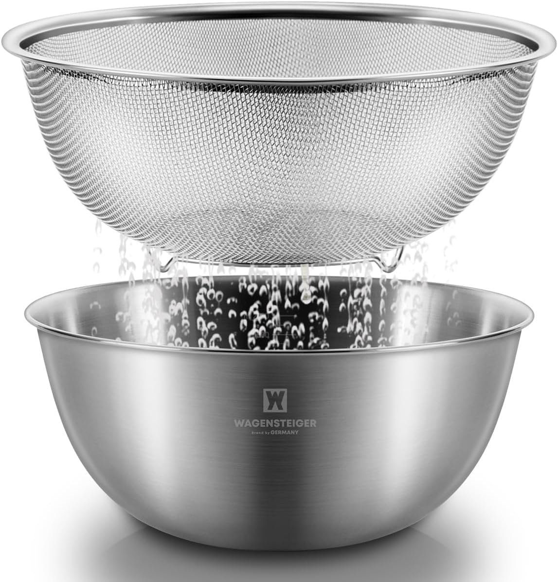 WAGENSTEIGER Stainless Steel Mixing Bowl and 3-Legged Colander Set, Multipurpose Kitchen Basket with Fine Mesh Colander, Salad Mixing Bowl with Strainer, Rinsing Vegetables & Fruits (24cm / 9.45")
