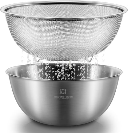 WAGENSTEIGER Stainless Steel Mixing Bowl and 3-Legged Colander Set, Multipurpose Kitchen Basket with Fine Mesh Colander, Salad Mixing Bowl with Strainer, Rinsing Vegetables & Fruits (24cm / 9.45")