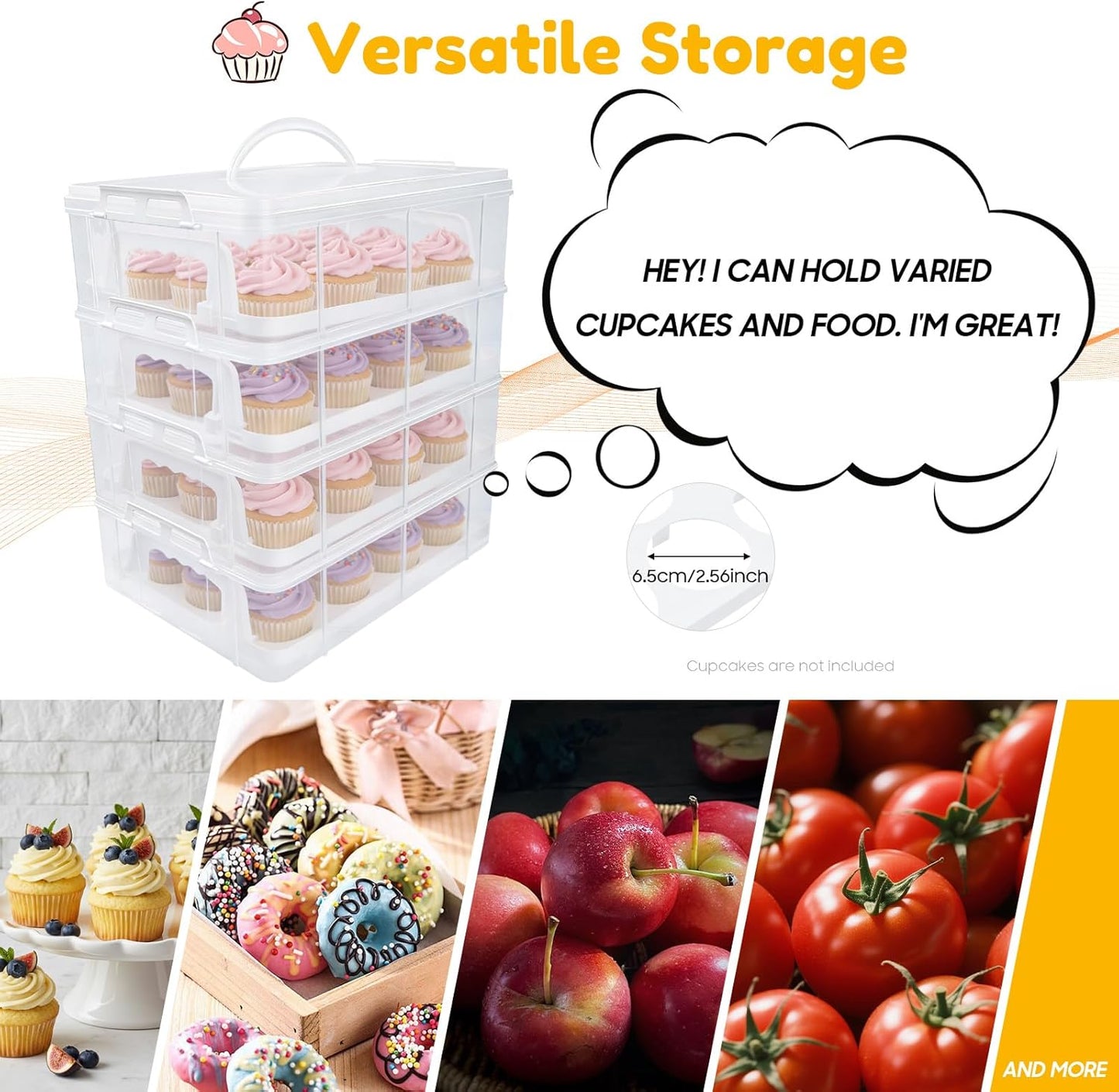 4 Tier Plastic Cupcake Carrier, 48 Count Cupcake Holder Cake Container with Lid and Handle, Reusable Rectangular Dessert Travel Container, Collapsible Cake Carrier for Party, Clear White