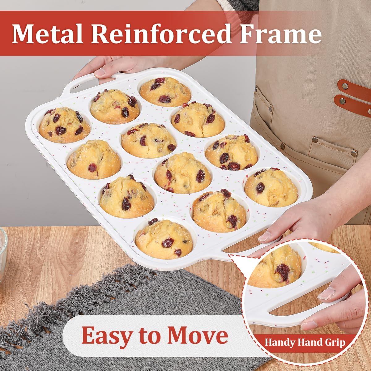 CAKETIME Mini Muffin Pan, Metal Reinforced Frame Mini Cupcake Pans 24 Cups Nonstick Muffin Silicone Molds with Handle for Baking Muffins, Cupcakes, Egg Bites 2 Pack