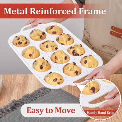 CAKETIME Mini Muffin Pan, Metal Reinforced Frame Mini Cupcake Pans 24 Cups Nonstick Muffin Silicone Molds with Handle for Baking Muffins, Cupcakes, Egg Bites 2 Pack