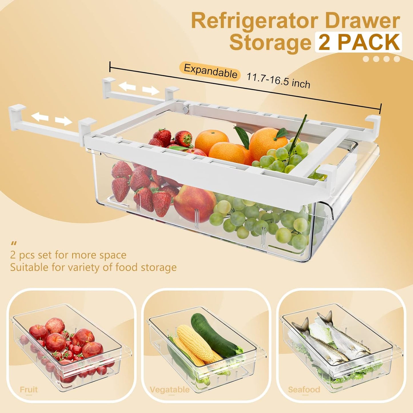 SNSLXH 2 Pack Refrigerator Drawer Organizer, Pull Out Shelf Storage Transparent Organizer for Egg, Fruit, Vegetable, Seafood, Meat, Fit All Fridge Shelves Under 0.6''