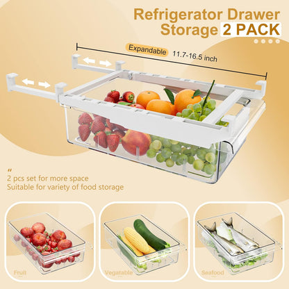 SNSLXH 2 Pack Refrigerator Drawer Organizer, Pull Out Shelf Storage Transparent Organizer for Egg, Fruit, Vegetable, Seafood, Meat, Fit All Fridge Shelves Under 0.6''