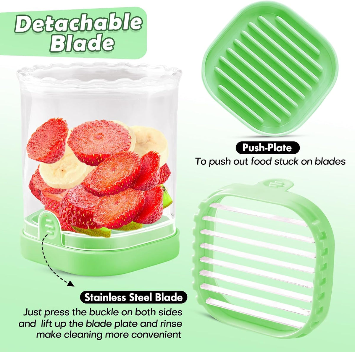 Creative Strawberry Slicer, Detachable Cutter with Push Plate (Green)