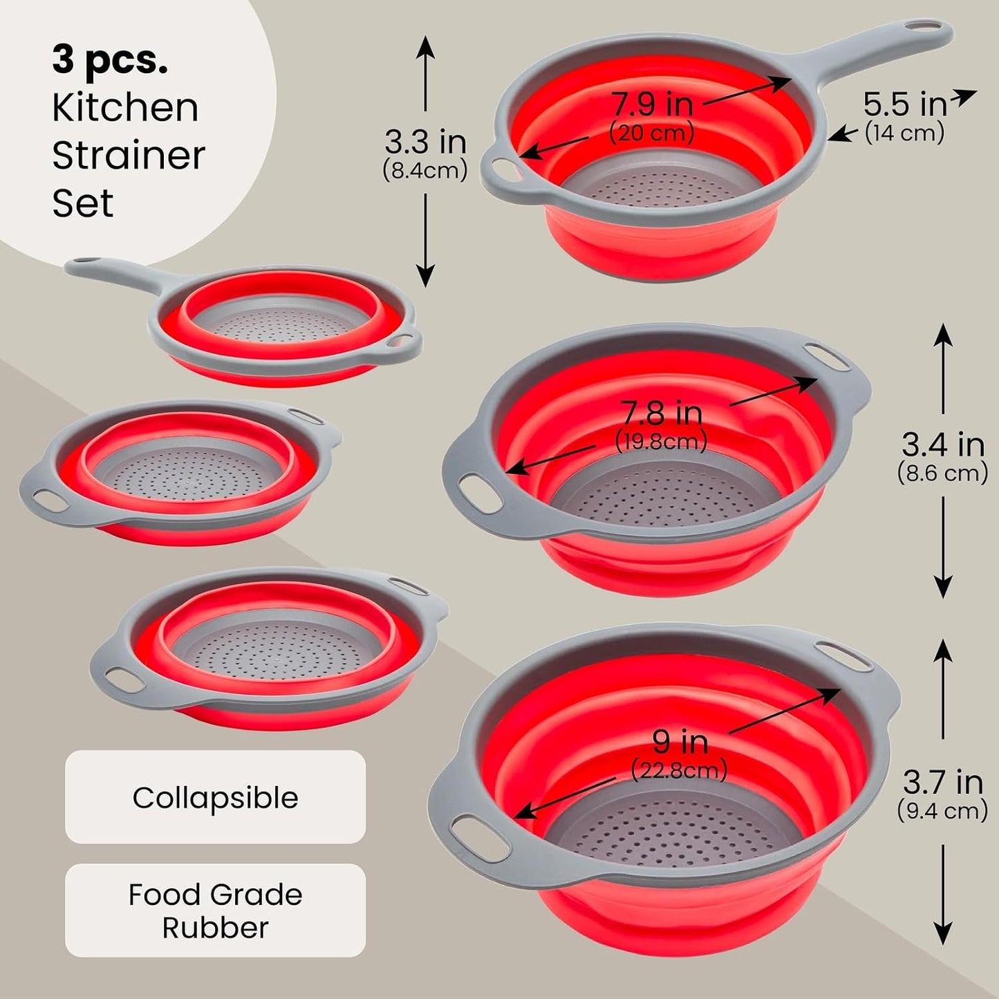 Juvale Collapsible Colander Set of 3, Space-Saving Kitchen Strainer, Use to Drain Vegetables and Fruits, Heat-Resistant Pasta Strainer with Handle, Foldable for Easy Storage, Ideal for Campers, Red