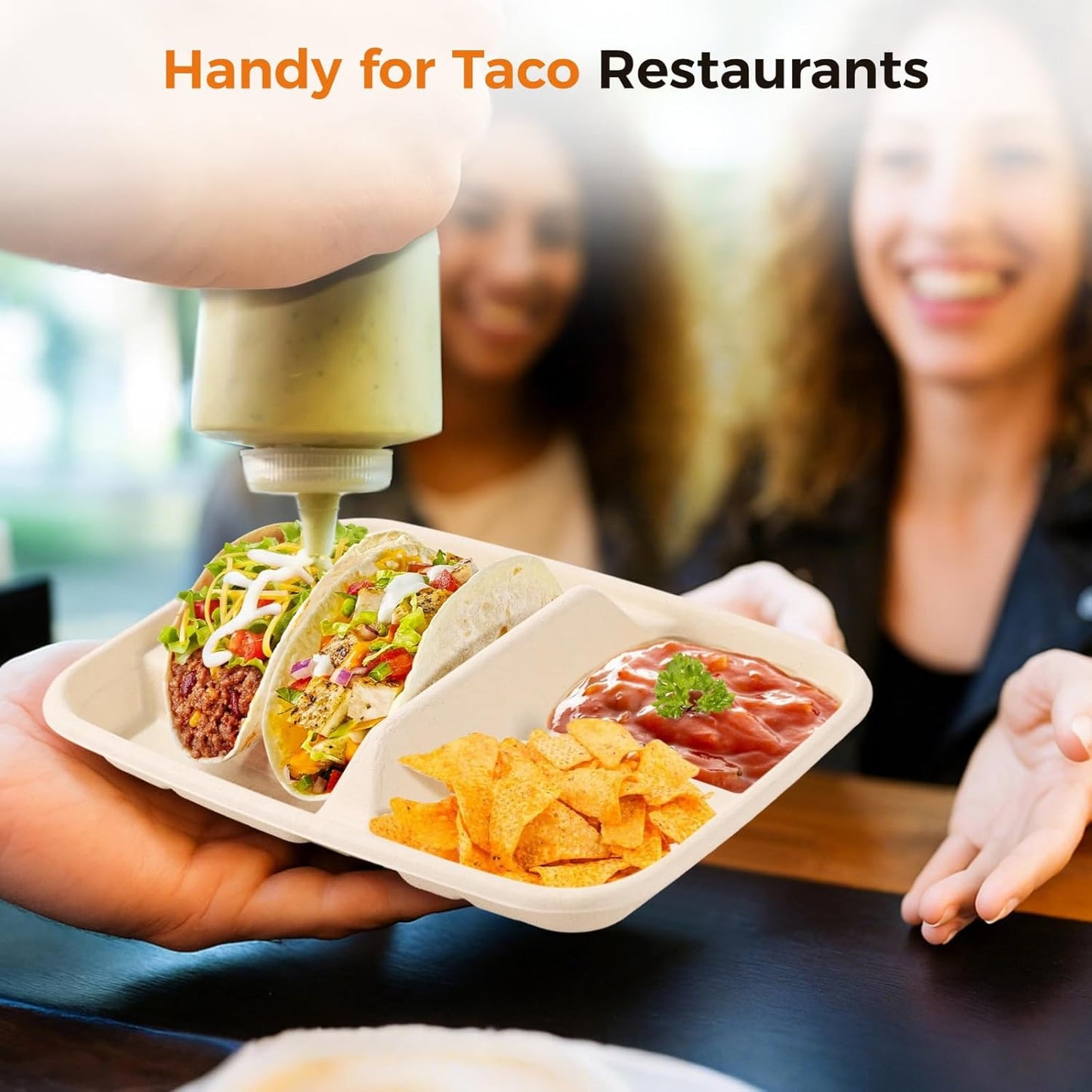 100 PCS Disposable Taco Holders, Bagasse Pulp 2-Slot Taco Plate with Side Compartments, Safe Plant Fiber Tray for Taco Tuesday, Party, Sandwich, Hot Dog, Sauce & Snack Serving, Thick(100)