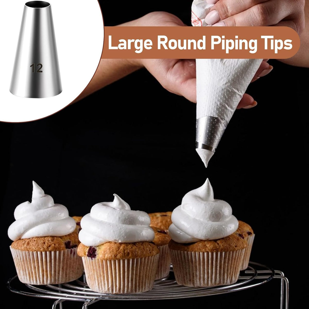 3 Pcs #12 Round Piping Tip for Macarons, Stainless Steel Round Frosting Piping Tips with 8mm Opening, Professional Cookie Decorating Pastry Tips Set for Frosting & Cake Decorating (Silver)