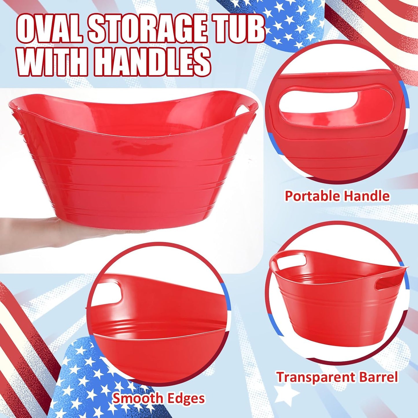 Norme 24 Pcs Oval Storage Tub with Handles, 4.5l Plastic Ice Buckets Bulk for Wine Beer Champagne Drink Cooler Beverage Storage Tub for Parties BBQ Weddings Party Outdoor Celebration(Blue & Red)