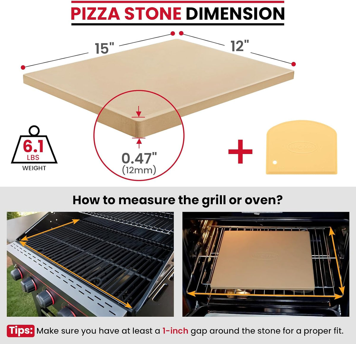 Unicook Pizza Stone for Oven Grill, 12" x 11" Rectangular Cordierite Stone