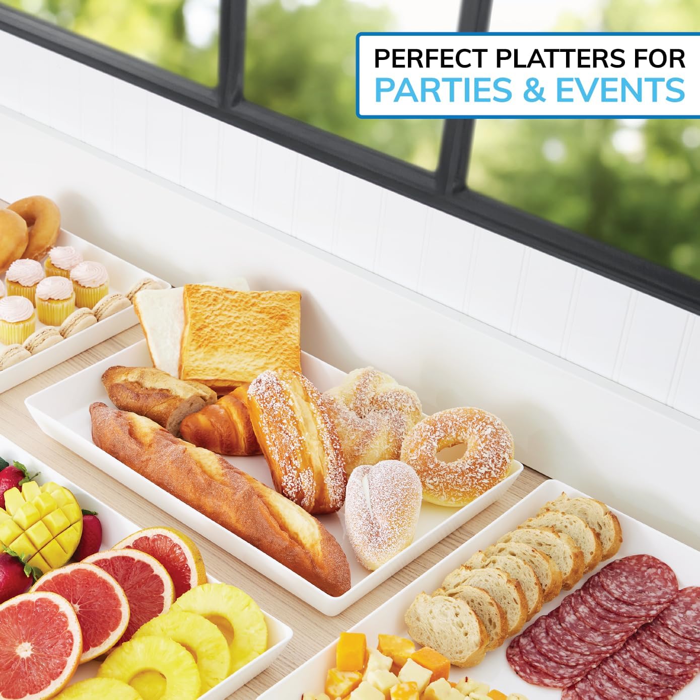US Acrylic Coastal Plastic Serving Trays (Set of 4) 15” x 10” | Large Unbreakable Reusable Rectangular Party Platters | Serve Appetizers, Fruit, Veggies, & Desserts | BPA-Free & Made in USA