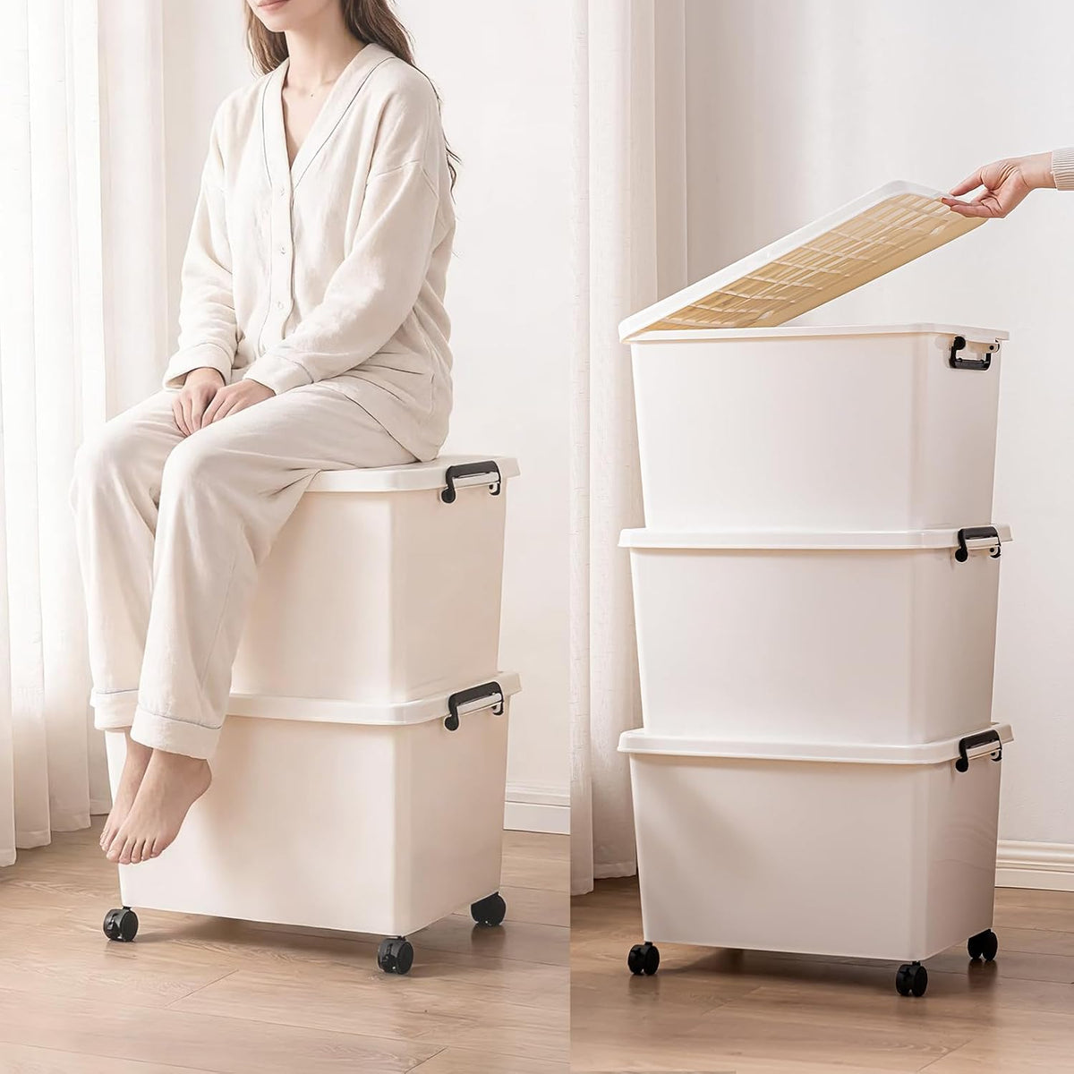 3 Extra Large Storage Bin with 4 Quiet 360° Swivel Casters - 55cm Heavy Duty Organizer with Snap-On Lid, Dust-Proof Moisture-Proof, Stackable Design for Living Room, Bedroom, Study