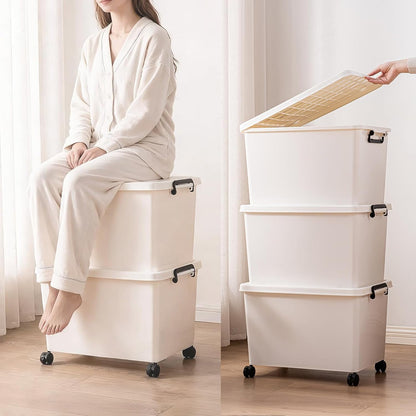 3 Extra Large Storage Bin with 4 Quiet 360° Swivel Casters - 55cm Heavy Duty Organizer with Snap-On Lid, Dust-Proof Moisture-Proof, Stackable Design for Living Room, Bedroom, Study