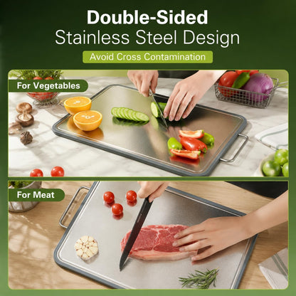 304 Stainless Steel Cutting Board 16''×11'' – Double-Sided Kitchen Chopping Board for Meat, Fruits & Vegetables, Rust-Resistant Steel Cutting Board with Dual Juice Grooves, Easy to Clean