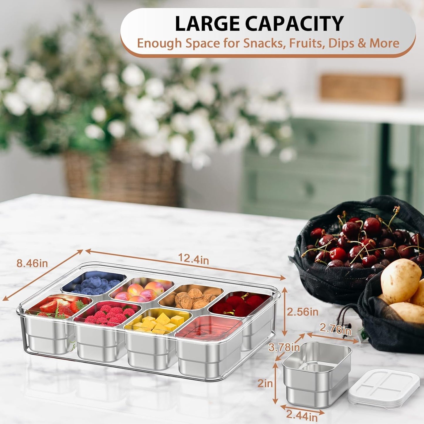 Snackle Box Container,8 Compartment Stainless Steel Food Storage with Silicone Lid & Handle,Clear Divided Fruit Nut Veggie Tray for Kitchen, Picnic, Party