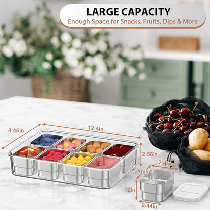 Snackle Box Container,8 Compartment Stainless Steel Food Storage with Silicone Lid & Handle,Clear Divided Fruit Nut Veggie Tray for Kitchen, Picnic, Party