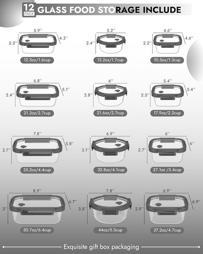 5-Pack Borosilicate Glass Containers with Tempered Glass Lids, 35.2oz/4.4 Cup Airtight Meal Prep Set, Microwave/Freezer Safe (Gray)