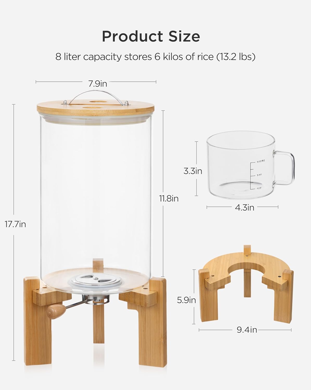 HBlife 5-7 Lbs Glass Rice Dispenser with Wooden Stand Flour and Cereal Container with Glass Measuring Cup Pantry Food Organization Storage Bin with Airtight Bamboo Lid, 3L