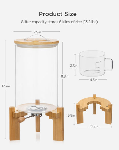 HBlife 5-7 Lbs Glass Rice Dispenser with Wooden Stand Flour and Cereal Container with Glass Measuring Cup Pantry Food Organization Storage Bin with Airtight Bamboo Lid, 3L