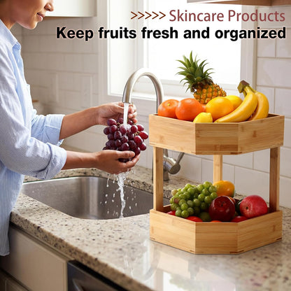 Yerliker 2 Tier Bamboo Corner Shelf Kitchen Fruit Cabinet Organizer Bamboo Corner Fruit Basket for Kitchen Countertop Rack Counter Pantry Storage for Vegetables Spice Plate (11 x 11 x 7.5 Inch)