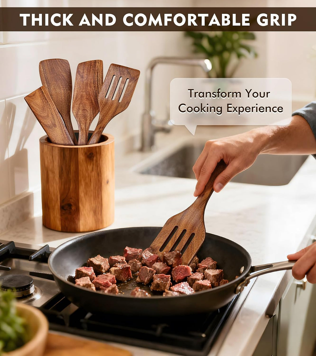Wooden Spatula, Acacia Solid & Slotted Turner Spatula Set, Long Handle Flat Frying Spatulas, Ideal Kitchen Gift for Mother and Grandma, Kitchen Utensils Set for Cooking, Frying, Baking
