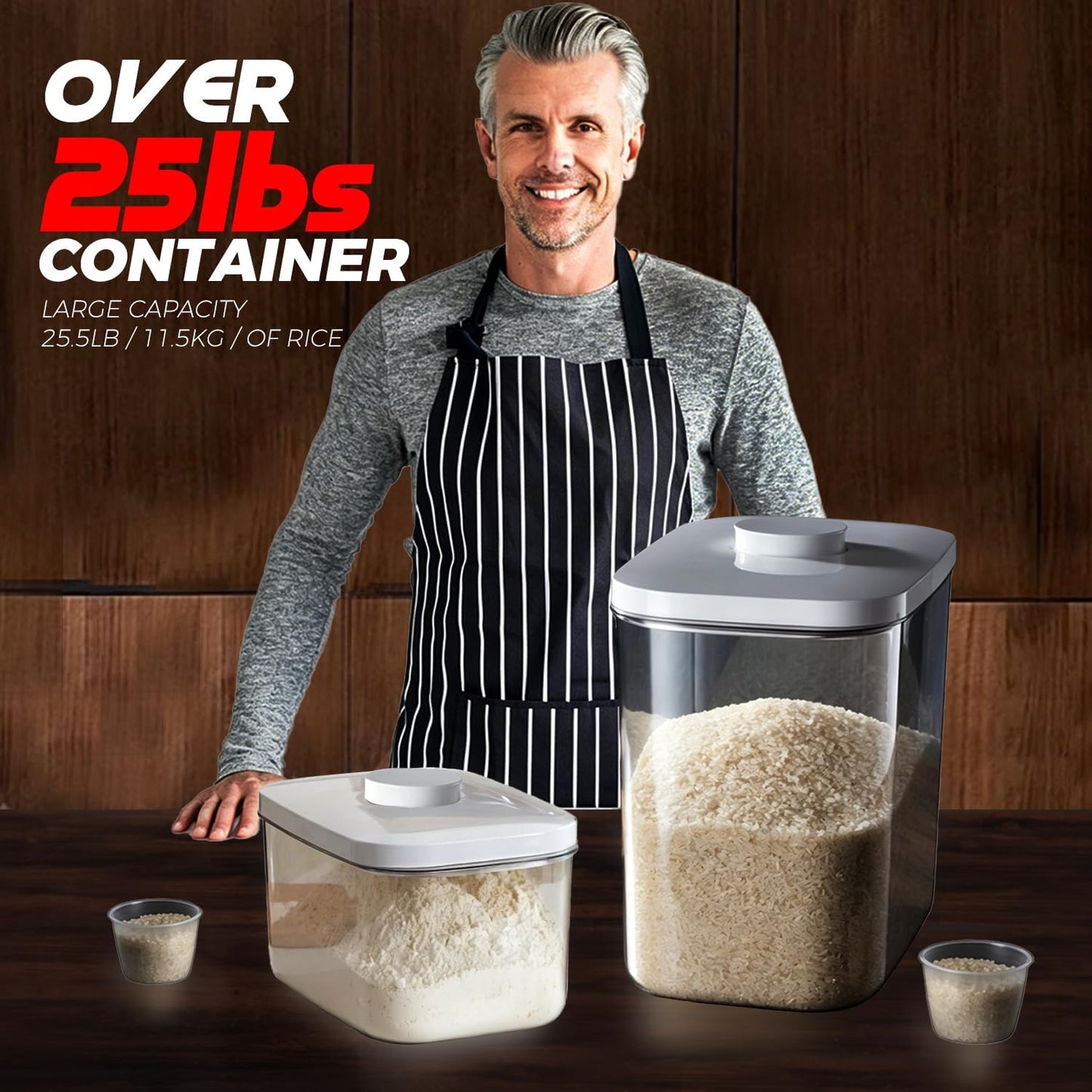 Rice Container - 25 Lbs/12KG/12L Rice Dispenser Storage with Measuring Cup Food Cereal Container Bins Pet Food Container Household for Kitchen Pantry Organization,White