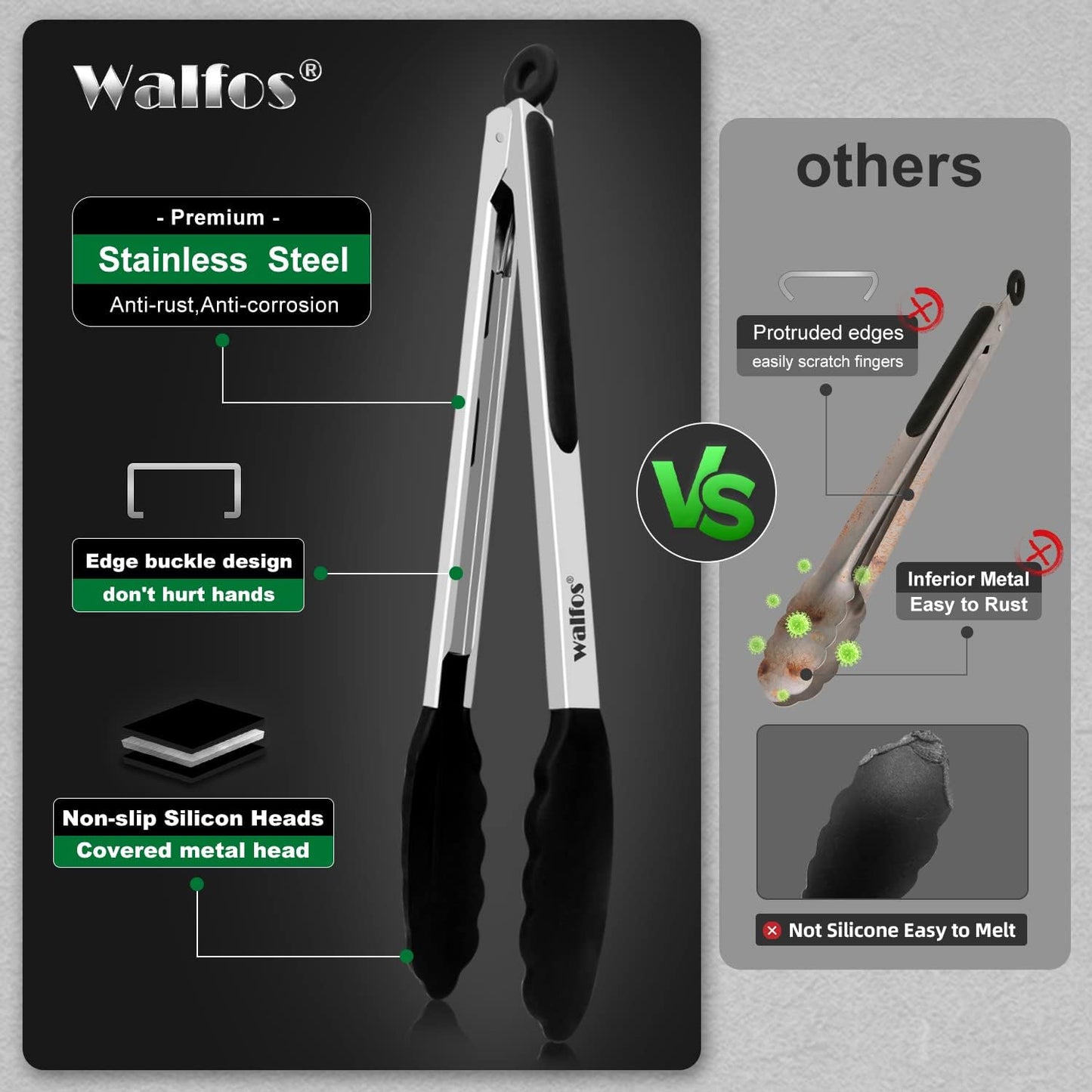 WALFOS Tweezer Tongs for Cooking, Kitchen Tweezers Stainless Steel Pasta Tweezers Tongs for Cooking, Roasting, Grabbing Small Objects, Dessert, BBQ, Spaghetti 3 Pcs (8+10+12-Inch)