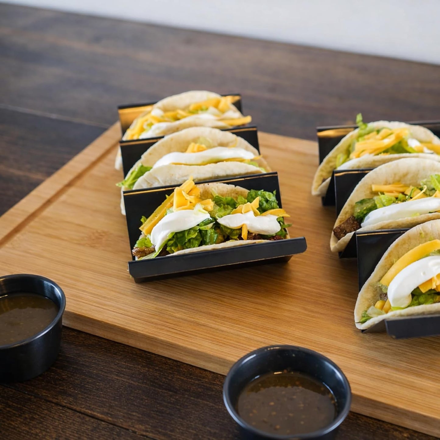 Taco Holders with Sauce Cups (Set of 2) - Black Stainless Steel Taco Stands for 3 Tacos - Dishwasher, Oven & Grill Safe Taco Rack Tray for Home, Parties & Kids by Serro