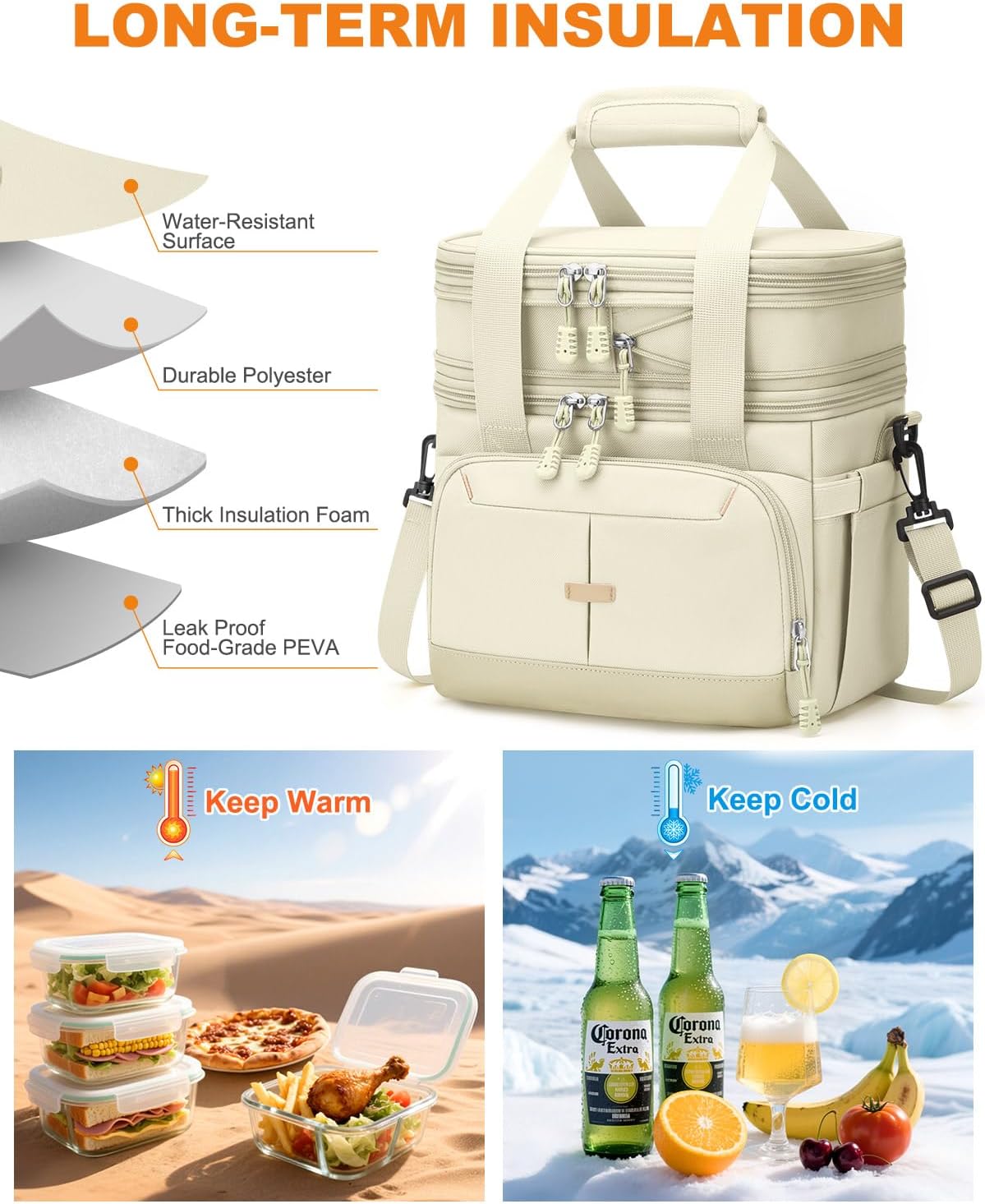 Pritent Lunch Box For Men Women Double Deck Insulated Lunch Bag For Men Woman Leakproof Expandable Cooler Bag with Adjustable Shoulder Strap for Kids Shool Work Picnic Camping(Beige,Large)