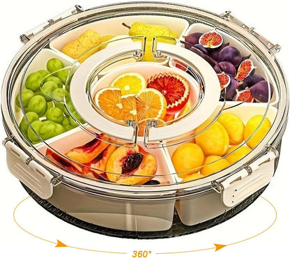 Divided Serving Tray with Lid and Handle, 360° Rotating Snackle Box Container, Stackable Storage Box for Fruit Candy Veggie Spice, Portable Organizer for Kitchen Party Travel Picnic, 10.63x2.95 Inch