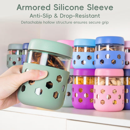 Gemice 6-Pack 10oz Glass Mason Jars with Silicone Sleeves, Airtight BPA-Free Overnight Oats Containers with Lids, Dishwasher Safe Leak-Proof Meal Prep Jars for Chia Pudding, Yogurt, Snacks