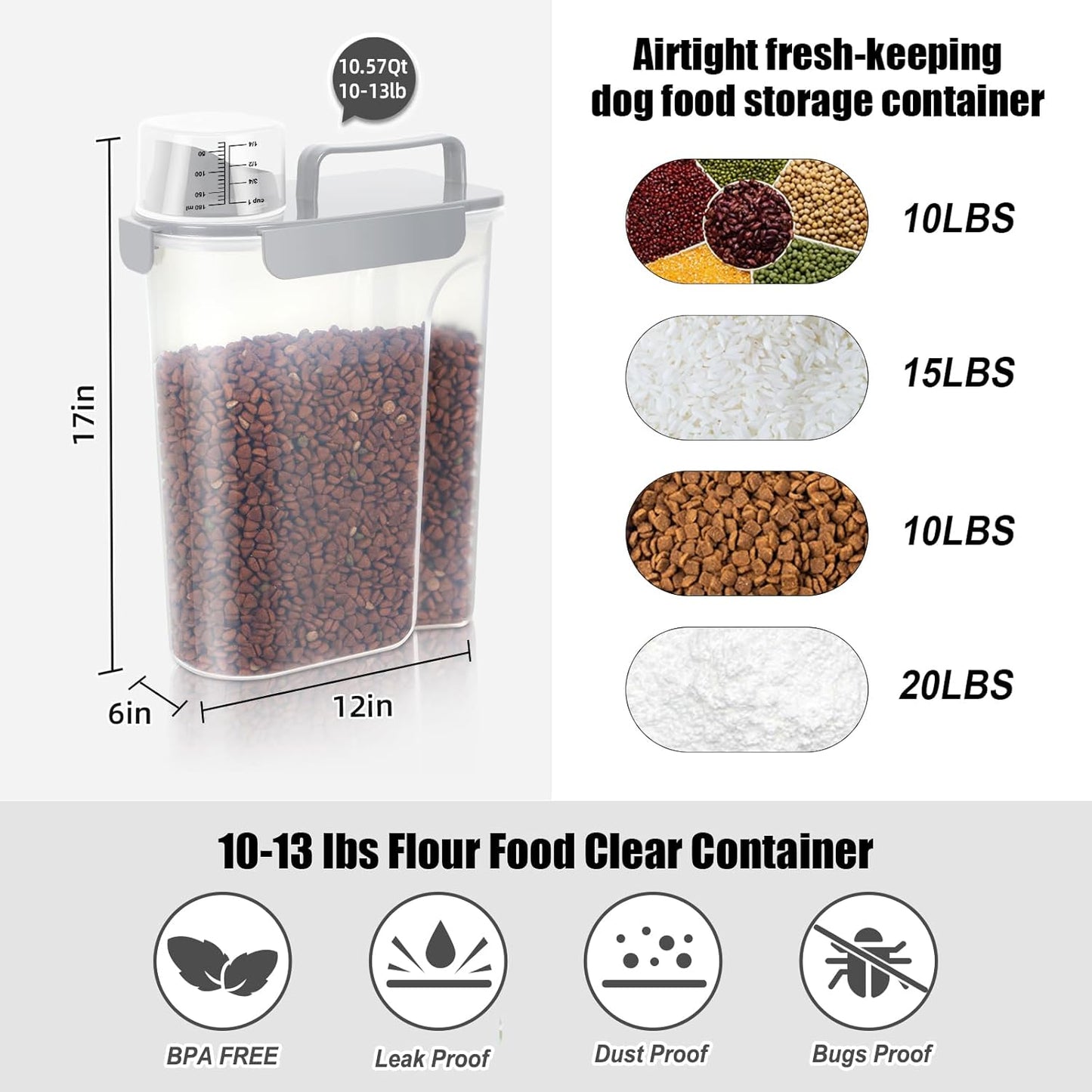 LEAWALK 5Lbs Airtight Cat Dog Food Storage Container with Upgraded Large Nozzle BPA-Free, Pet Food Storage Containers for Rice, Grain, Pet Food, Flour, Dog Treat Storage (Dark Gray, 5L-1pack)