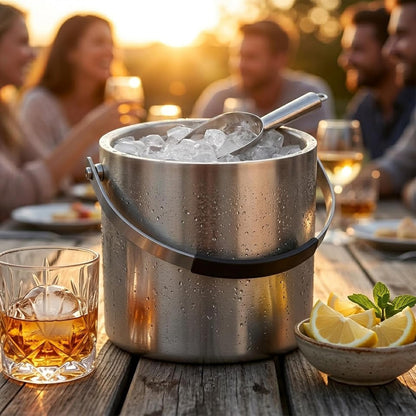 3.2L/3.4QT Modern Insulated Ice Bucket with Silicone Lid, Scoop, Strainer, Double Wall Stainless Steel Ice Bucket for Parties & Cocktail Bar,Ideal for Gift(Black)