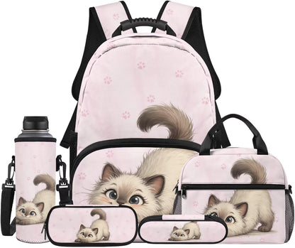 Cute Capybara Pizza Backpack for Girls, 5 Pcs Boys School Bag Set for Kids, 17 Inch Backpacks Lunch Pencil Box Reusable Utensils Case Set for Middle Elementary School, 3rd Grade Backpack