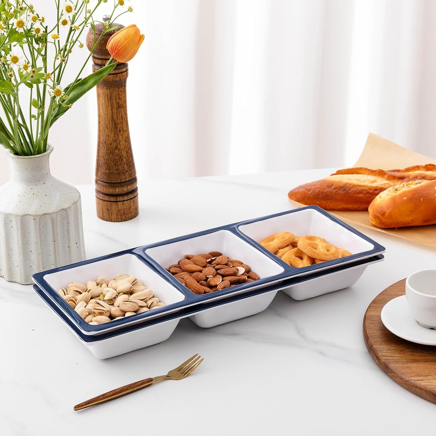 Chip & Dip Serving Tray Set, 4 Sectional Round Melamine Serving Platter, Relish Tray, Round Compartment Appetizer platter for Veggies, Candy and Snacks, Matte Black, Set of 2