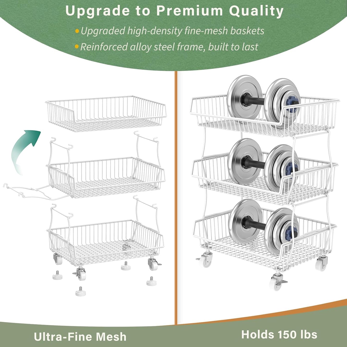 OKZEST 3-Tier Rolling Pantry Floor Organizer and Storage Cart with Wheels, Stackable Wire Pantry Baskets for Pantry Shelves, Kitchen Storage Rack and Fruit Basket Stand for Fruit Snack Onion Potato