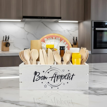 Utensil Holder for Party Farmhouse Crate Look - White Napkin Paper Plate Dispenser for Countertop - Silverware Caddy for Plate, Cup, Fork, Spoon - Flatware Box Organizer for Outdoor Camping Picnic