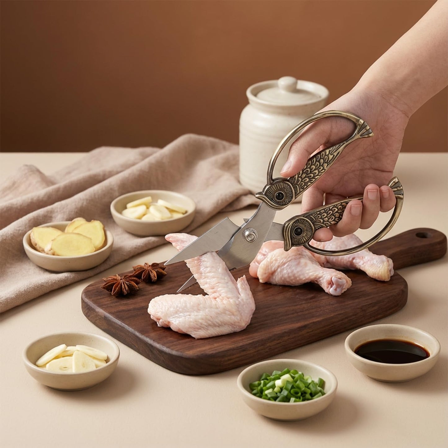 Kitchen Owl Scissors - Stainless Steel Kitchen Scissors, Sharp Meat Scissors, Dishwasher Safe, Heavy-duty Poultry Scissors, Food Cooking Scissors, Gift for Men and Women (Pearl nickel, large)