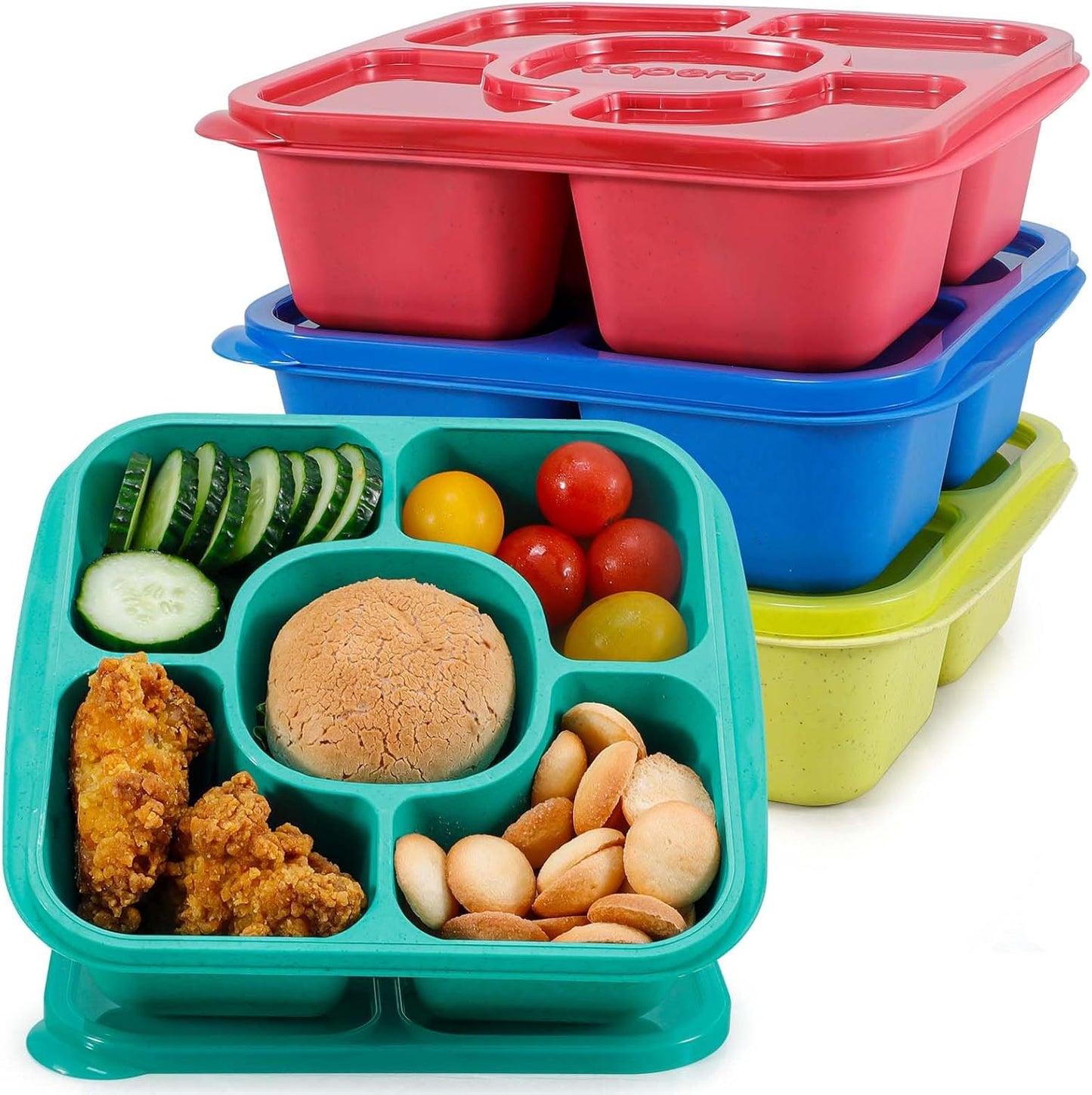 Caperci Original Bento Snack Box Containers - Reusable 5-Compartment Lunchable Food Storage Containers for School, Work and Travel, BPA-Free, Set of 4 (Jewel Bright)
