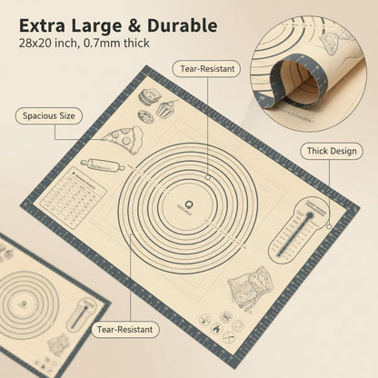 Silicone Baking Pastry Dough Mat - 28x20Inch Extra Large Cookie Bread Rolling Mats Sheet, Nonstick Kitchen Counter Kneading Board, Thick Reusable Pie Cookies Pizza Fondant Making Matt with Measurement