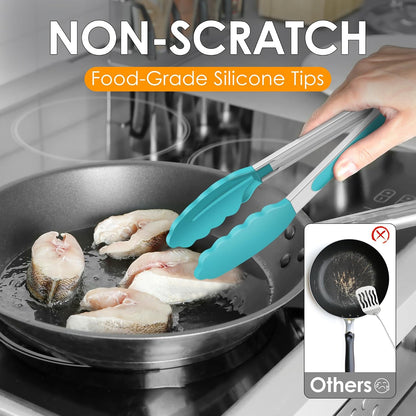 HOTEC Premium Stainless Steel Locking Kitchen Tongs with Silicon Tips, Set of 2-9" and 12"