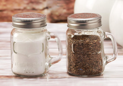 Circleware Mason Yorkshire Jar Mug Salt and Pepper Shakers with Glass Handles and Metal Lids, 5 Ounce, Set of 2 in Gift Box, Limited Edition Glassware Serveware