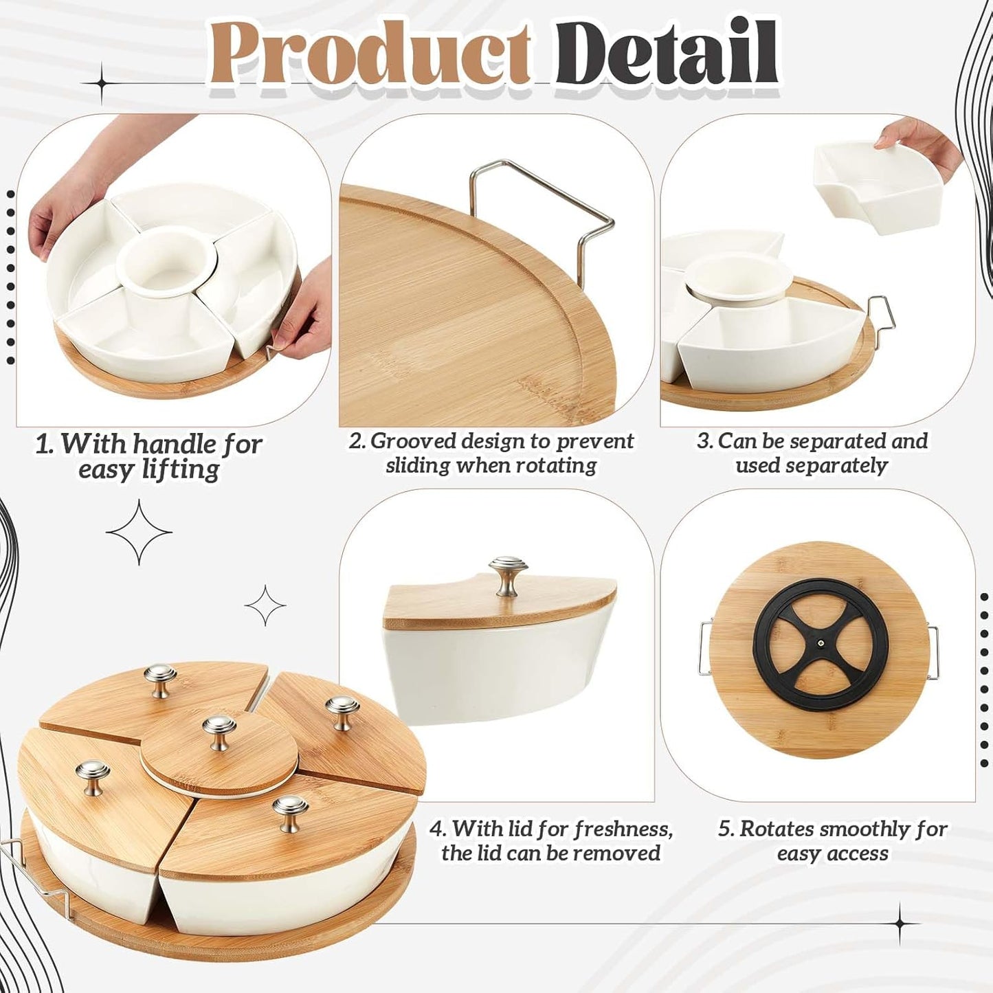 Rtteri 360° Rotatable Lazy Susan Serving Tray with Bowls 11.4'' Chip and Dip Serving Set, 5 Removable Compartment Divided Serving Dishes Ceramic Porcelain Taco Bar Platters and Trays for Party
