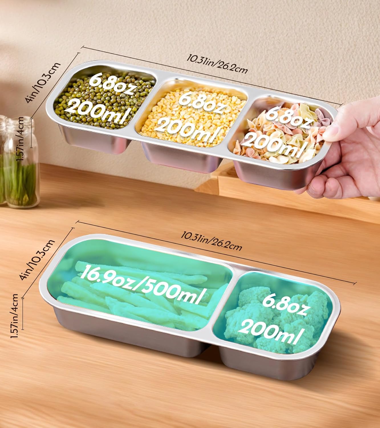 Ugotit Stainless Steel Snack Containers, Reusable Snack Containers with Lids, 3 Compartments Leakproof Snackle Box Organizer, Divided Food Storage Containers for Meal Prep, Travel (20oz, Black)