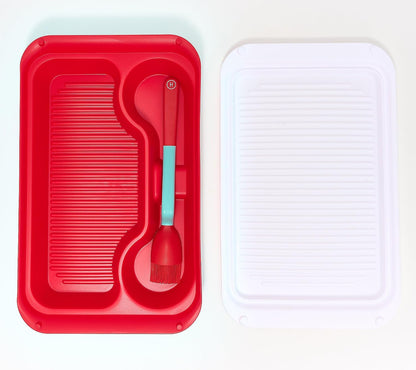 Henning Lee Marinating Tray & Brush Set, 3-Piece BBQ Prep and Serving Set – Dual-Purpose Lid, Silicone Basting Brush, BPA-Free, Dishwasher Safe, Grill Accessories for Meat, Veggies & More (Black)