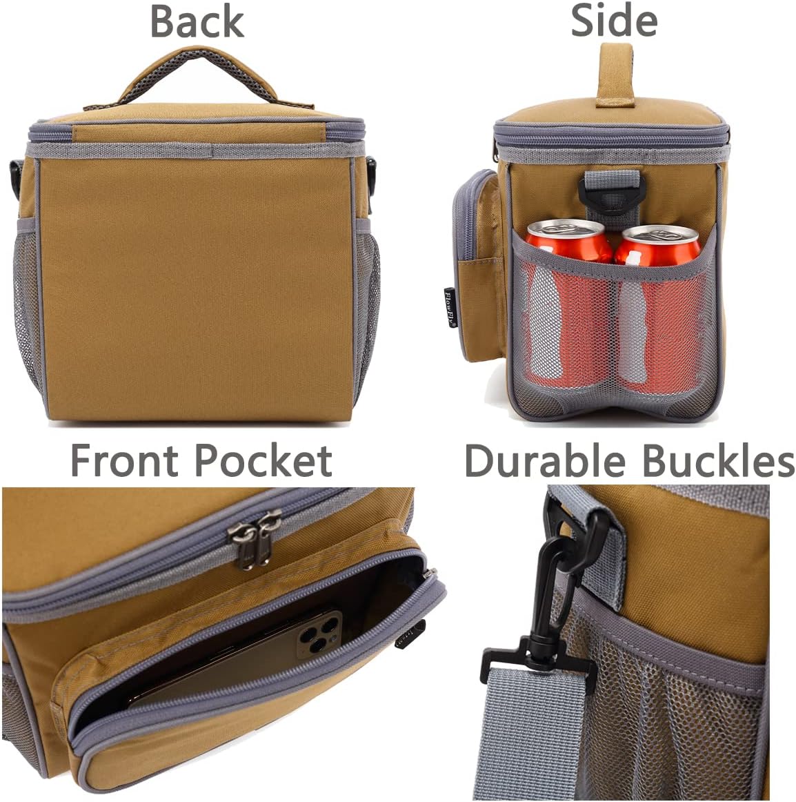 FlowFly Insulated Reusable Lunch Bag Adult Large Lunch Box for Women and Men with Adjustable Shoulder Strap,Front Zipper Pocket and Dual Large Mesh Side Pockets,Cherry - Colors A