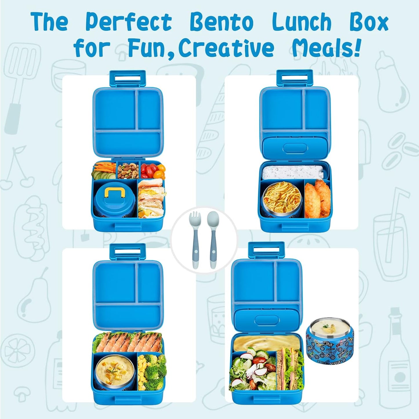 JXXM Bento Lunch Box for Kids With 8oz Soup thermo,Leak-proof Lunch Containers with 5 Compartment,thermo Food Jar and Lunch Bag, Food Containers for School (A-Blue(Extreme Locomotive))