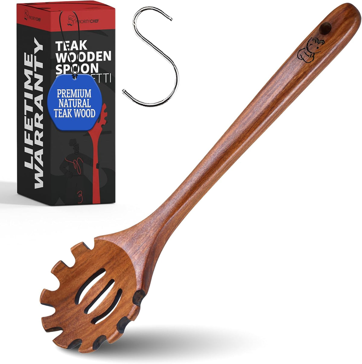 PriorityChef Wooden Slotted Spoon - Premium Teak Cooking Utensil for Frying, Straining & Serving - Long Handle Kitchen Spoon for Nonstick Cookware - Handcrafted Durable Wood