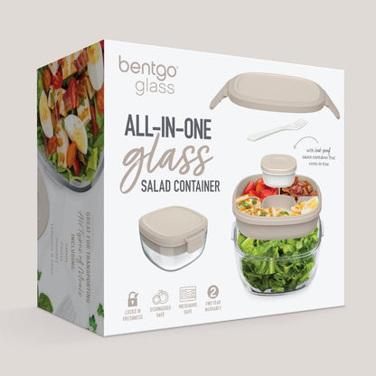 Bentgo Glass Salad Container - 7.6-Cup Salad Bowl with Airtight Lid, Leak-Proof Sauce Container, 4-Compartment Bento Tray & Reusable Fork - BPA-Free for Meal Prep, Office & More (Light Blue)