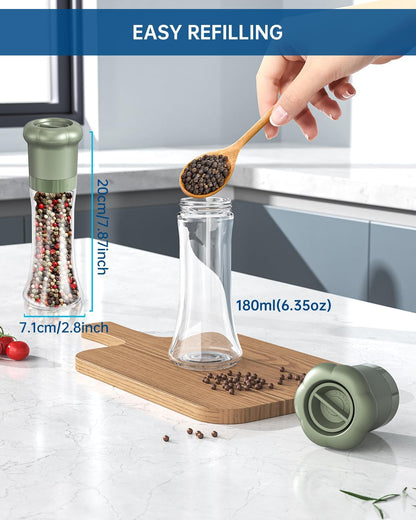CIRCLE JOY Premium Manual Salt and Pepper Grinder Set, Refillable Salt and Pepper Shakers with Ceramic Blades, Adjustable Coarseness and BPA-free 180ml Glass Container, Tall Black White